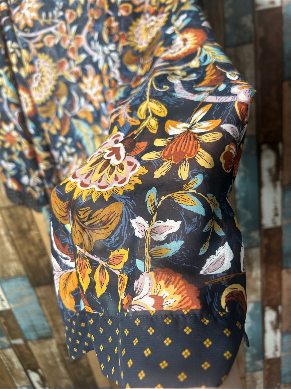 Christopher & Banks Navy Floral Open-Front Kimono with Mustard & Rust Accents - Picture 11 of 14